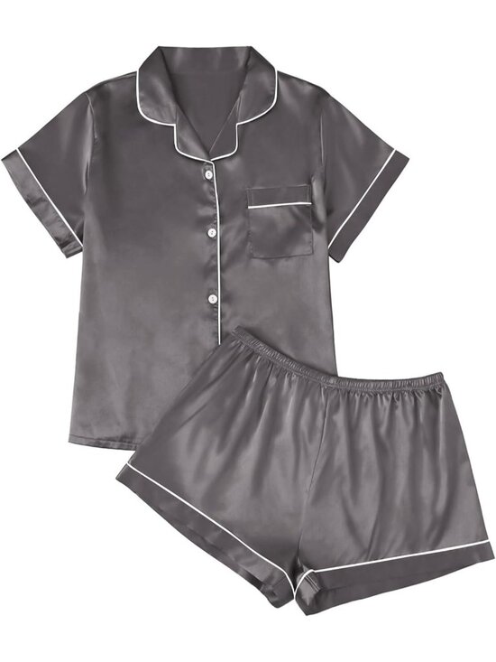 Pants - Women's Deep Grey Silk Satin Pajama 2 Piece Sleepwear Button Down Short Shirt